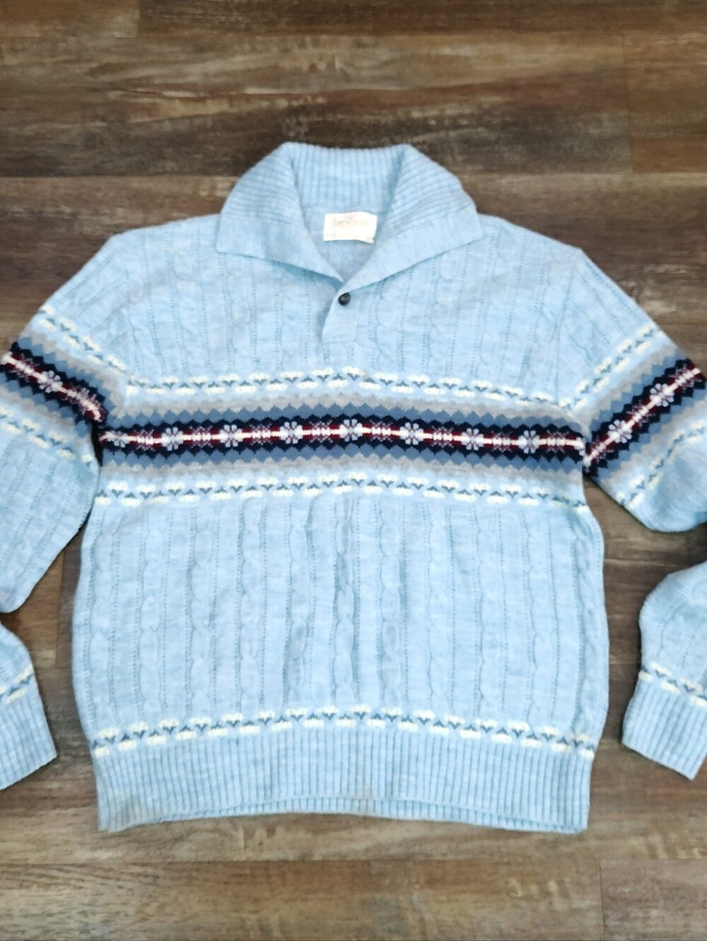 Vtg Jantzen Sweater  XL Blue Cable Knit Fair Isle Shawl Collar Pullover 70s 80s